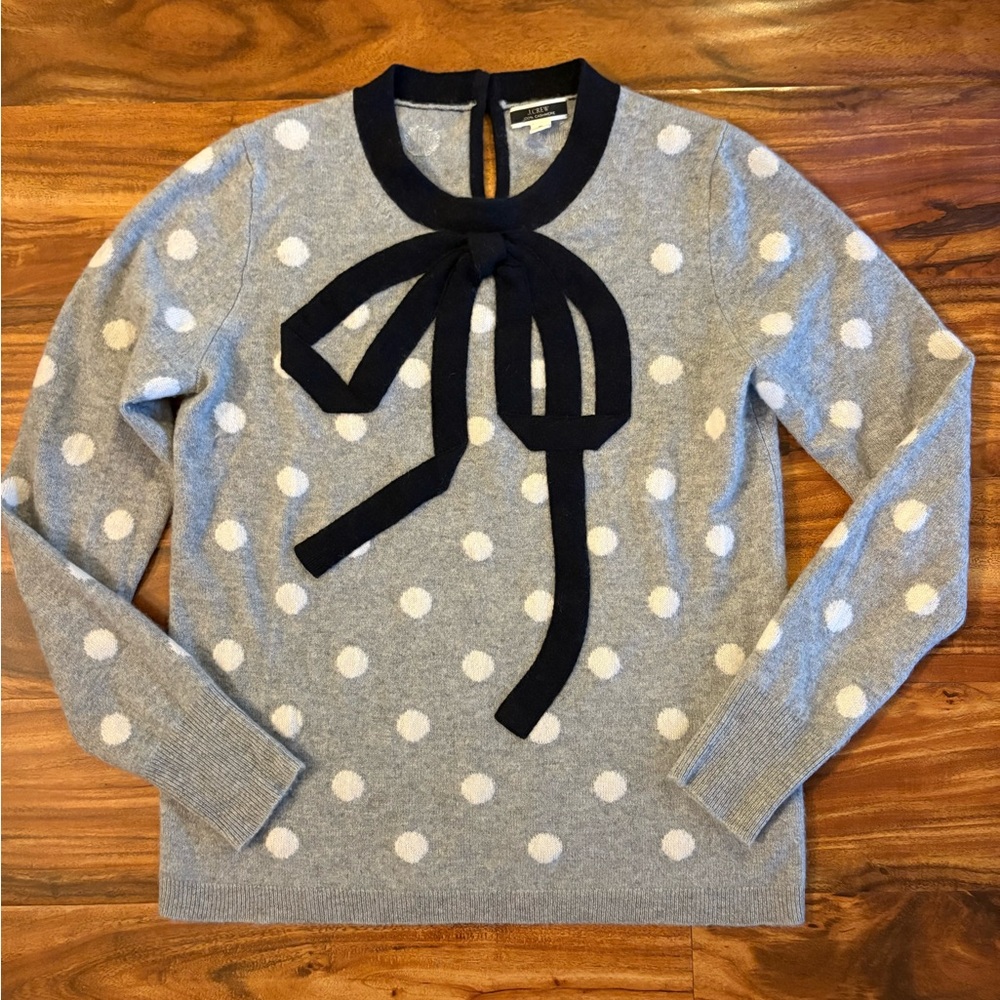 J Crew Women’s Gray Polka Dot 100% Cashmere Crewneck Sweater With Bow Small S - Picture 6 of 11